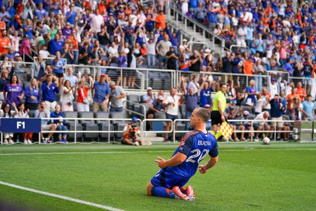 July 22, 2026, Cincinnati, Ohio, USA: FC Cincinnati midfield Pavel Bucha (20) slides on his knees after scoring the first goal of the game during an MLS, Fussball Herren, USA game at TQL Stadium Soccer 2026:FC Cincinnati V Vancouver Whitecaps  - ZUMAt168 20260722_zsp_t168_007 Copyright: xTrentxPattersonx