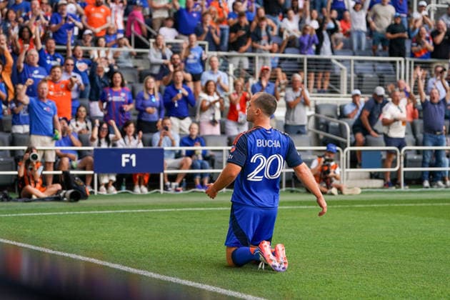 July 22, 2026, Cincinnati, Ohio, USA: FC Cincinnati midfield Pavel Bucha (20) slides on his knees after scoring the first goal of the game during an MLS, Fussball Herren, USA game at TQL Stadium Soccer 2026:FC Cincinnati V Vancouver Whitecaps  - ZUMAt168 20260722_zsp_t168_008 Copyright: xTrentxPattersonx