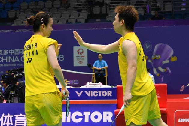 CHANGZHOU, CHINA - JULY 23: Guo Xinwa and Chen Fanghui of China react in the Mixed Doubles Round of 16 match against Goh Soon Huat and Shevon Jemie Lai of Malaysia on day 3 of the China Open 2026 at Changzhou Olympic Sports Center Gymnasium on July 23, 2026 in Changzhou, Jiangsu Province of China.  Copyright: xVCGx 111655926998
