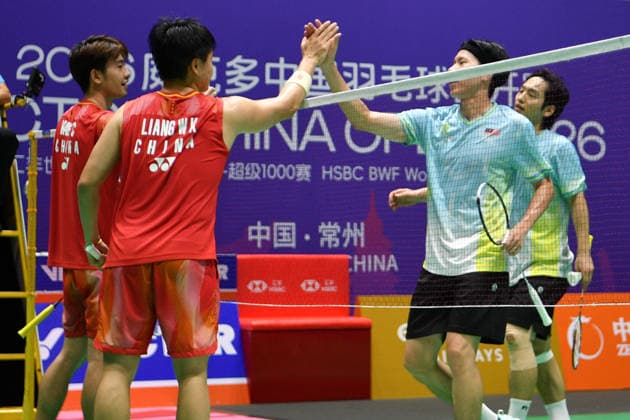CHANGZHOU, CHINA - JULY 23: Liang Weikeng and Wang Chang of China react in the Men s Doubles Round of 16 match against Choi Sol-gyu of South Korea and Goh V Shem of Malaysia on day 3 of the China Open 2026 at Changzhou Olympic Sports Center Gymnasium on July 23, 2026 in Changzhou, Jiangsu Province of China.  Copyright: xVCGx 111655938963