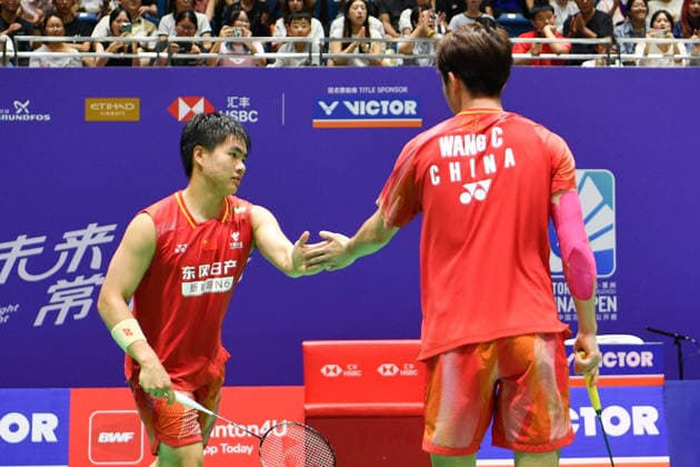 CHANGZHOU, CHINA - JULY 23: Liang Weikeng and Wang Chang of China react in the Men s Doubles Round of 16 match against Choi Sol-gyu of South Korea and Goh V Shem of Malaysia on day 3 of the China Open 2026 at Changzhou Olympic Sports Center Gymnasium on July 23, 2026 in Changzhou, Jiangsu Province of China.  Copyright: xVCGx 111655938960