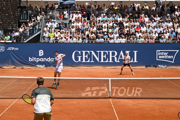 TENNIS - ATP, Tennis Herren Generali Open 2026 KITZBUEHEL,AUSTRIA,23.JUL.26 - TENNIS - ATP World Tour, Generali Open. Image shows Kevin Krawietz (GER), Joel Schwaerzler and Lukas Neumayer (AUT).  GEPAxpictures xDanielxSchoenherr