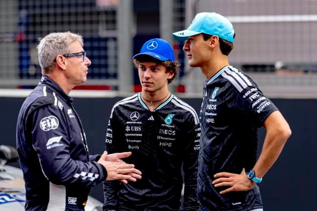 BUDAPEST - Formula 1 driver Kimi Antonelli of Mercedes AMG-Petronas Formula One Team, Safety Car driver Bernd Maylander, Formula 1 driver George Russell of Mercedes AMG-Petronas Formula One Team during the Formula 1 Hungary at the Hungaroring circuit on July 23, 2026 in Budapest, Hungary. (Photo by DeFodi Images) - *** BUDAPEST: Formula 1 driver Kimi Antonelli of the Mercedes AMG Petronas Formula One Team, safety car driver Bernd Maylander, and Formula 1 driver George Russell of the Mercedes AMG Petronas Formula One Team during the Formula 1 Hungarian Grand Prix at the Hungaroring circuit on July 23, 2026 in Budapest, Hungary. Photo by DeFodi Images