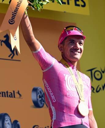 Ecuadorian Richard Carapaz of EF Education-EasyPost celebrates on the podium after winning stage 18 of the 2026 Tour de France cycling race, a stage of 185km from Voiron to Orcieres-Merlette, on Thursday 23 July 2026. The 113th edition of the Tour de France starts on Saturday 4 July in Barcelona, Spain, and will finish in Paris, France on the 26th of July. DAVIDxPINTENS  x181858572x