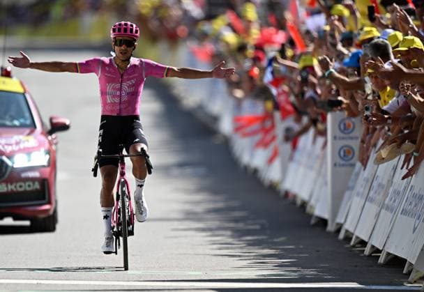 Ecuadorian Richard Carapaz of EF Education-EasyPost celebrates after winning stage 18 of the 2026 Tour de France cycling race, a stage of 185km from Voiron to Orcieres-Merlette, on Thursday 23 July 2026. The 113th edition of the Tour de France starts on Saturday 4 July in Barcelona, Spain, and will finish in Paris, France on the 26th of July. DAVIDxPINTENS  x181858822x