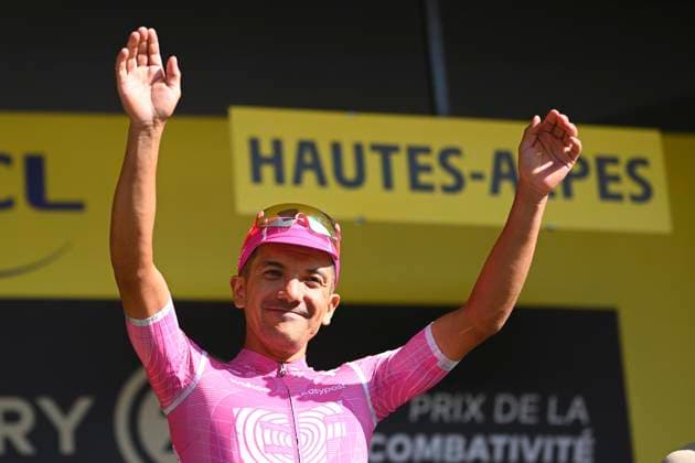 Tour de France 2026 Stage 18 ORCIERES-MERLETTE, FRANCE - JULY 23 : Carapaz Richard (ECU) of EF Education - Easypost pictured during the podium ceremony of stage 18 of the 113rd edition of Tour de France an UCI World Tour 2.UWT cycling road race stage for Men Elite of 185 km with start in Voiron and finish in Orcieres-Merlette on July 23, 2026 in Orcieres-Merlette, France, 23 07 2026 Orcieres-Merlette France  Copyright: xGvgx