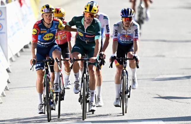 Latvian Toms Skujins of Lidl-Trek and Danish Mads Pedersen of Lidl-Trek cross the finish line of stage 18 of the 2026 Tour de France cycling race, a stage of 185km from Voiron to Orcieres-Merlette, on Thursday 23 July 2026. The 113th edition of the Tour de France starts on Saturday 4 July in Barcelona, Spain, and will finish in Paris, France on the 26th of July. DAVIDxPINTENS  x181859226x