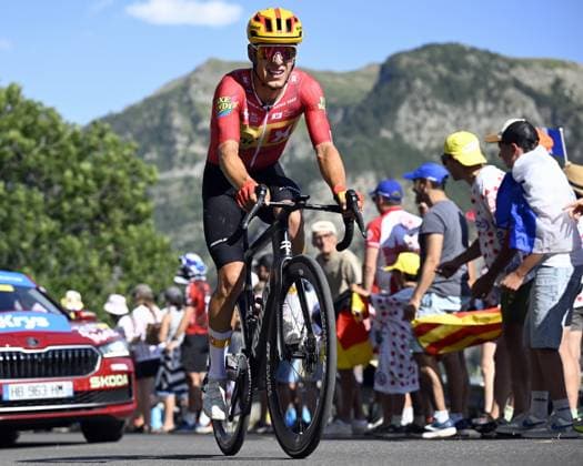 Norwegian Tobias Halland Johannessen of Uno-X Mobility pictured in action during stage 18 of the 2026 Tour de France cycling race, a stage of 185km from Voiron to Orcieres-Merlette, on Thursday 23 July 2026. The 113th edition of the Tour de France starts on Saturday 4 July in Barcelona, Spain, and will finish in Paris, France on the 26th of July. JASPERxJACOBS  x181859689x
