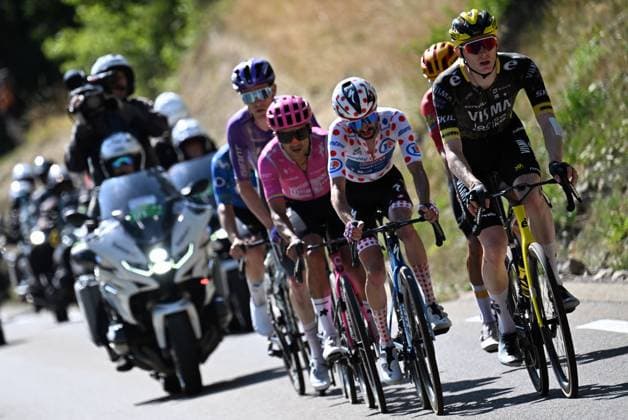 Ecuadorian Richard Carapaz of EF Education-EasyPost, French Valentin Paret-Peintre of Soudal Quick-Step and American Matteo Jorgenson of Team Visma-Lease a Bike pictured in action during stage 18 of the 2026 Tour de France cycling race, a stage of 185km from Voiron to Orcieres-Merlette, on Thursday 23 July 2026. The 113th edition of the Tour de France starts on Saturday 4 July in Barcelona, Spain, and will finish in Paris, France on the 26th of July. POOLxPETExGODING  x181859756x