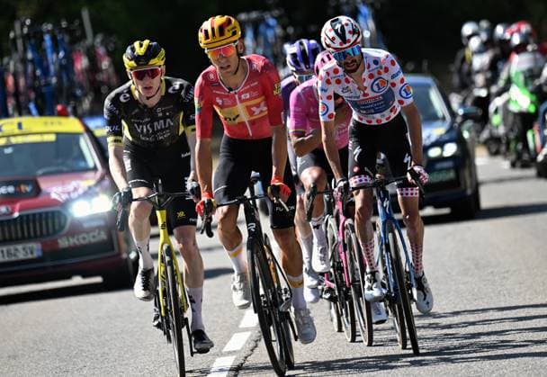 American Matteo Jorgenson of Team Visma-Lease a Bike, Norwegian Tobias Halland Johannessen of Uno-X Mobility and French Valentin Paret-Peintre of Soudal Quick-Step pictured in action during stage 18 of the 2026 Tour de France cycling race, a stage of 185km from Voiron to Orcieres-Merlette, on Thursday 23 July 2026. The 113th edition of the Tour de France starts on Saturday 4 July in Barcelona, Spain, and will finish in Paris, France on the 26th of July. POOLxPETExGODING  x181859777x
