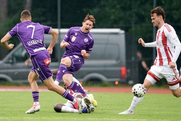 Latvia Soccer FK Liepaja Austria Wien, Riga, Latvia, 23.07.2026, football, soccer Reinhold RANFTL of FK Austria Wien and Vladislavs Sorokins of FK Liepaja in action during the UEFA Europa Conference League qualifying round game between Latvia™s FK Liepaja and Austria Wien komandam in Sloka, Latvia 23.07.2026. Photo: Roman Koksarov (RKF) Riga Latvia Copyright: xRomanxKoksarovx RKV00146.JPG
