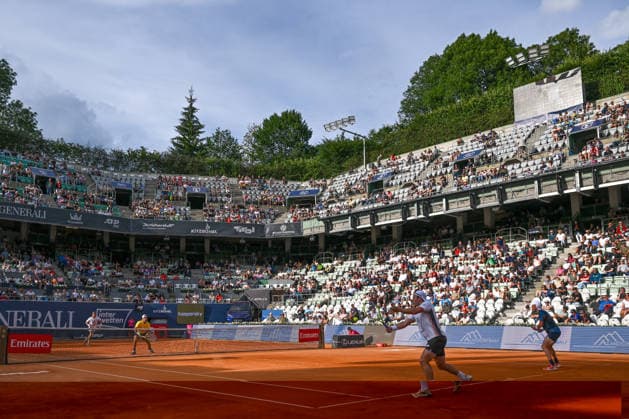 TENNIS - ATP, Tennis Herren Generali Open 2026 KITZBUEHEL,AUSTRIA,23.JUL.26 - TENNIS - ATP World Tour, Generali Open. Image shows Theodore Winegar (USA), Jean Julien Rojer (NED), Lukas Miedler (AUT) and Marc Polmans (AUS).  GEPAxpictures xDanielxSchoenherr