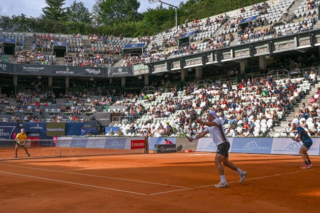 TENNIS - ATP, Tennis Herren Generali Open 2026 KITZBUEHEL,AUSTRIA,23.JUL.26 - TENNIS - ATP World Tour, Generali Open. Image shows Theodore Winegar (USA), Jean Julien Rojer (NED), Lukas Miedler (AUT) and Marc Polmans (AUS).  GEPAxpictures xDanielxSchoenherr