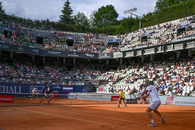 TENNIS - ATP, Tennis Herren Generali Open 2026 KITZBUEHEL,AUSTRIA,23.JUL.26 - TENNIS - ATP World Tour, Generali Open. Image shows Lukas Miedler (AUT), Marc Polmans (AUS), Jean Julien Rojer (NED) and Theodore Winegar (USA).  GEPAxpictures xDanielxSchoenherr