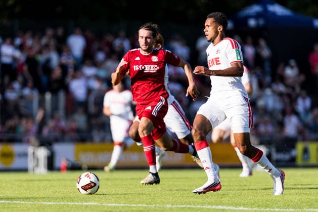 BERGISCH GLADBACH, GERMANY - JULY 23: Youssoupha Niang (1. FC Koeln, 38) shoots the 0:3 goal during the second friendly game of season 2026 27 between SV Bergisch Gladbach vs. 1. FC Koeln at BELKAW ARENA on July 23, 2026 in Bergisch Gladbach, Germany. North Rhine Westphalia Germany Copyright: xSteffiexWunderlx