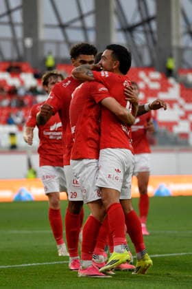 Conference League - U Cluj vs SK Brann SK Brann Niklas Castro celebrates after scoring his side first goal during the Conference League game between U Cluj and SK Brann, in Sfantu Gheorghe, Romania, July 23, 2026. Copyright: xAlexxNicodimx