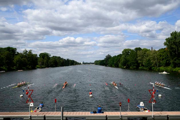 Blick auf die Regattabahn Duisburg, Start, Blickrichtung Ziel, Wettkämpfe, am 23.07.2026 Rudern U-23 Weltmeisterschaft vom 23.07.- 26.07.2026 in Duisburg Deutschland. Regattabahn *** View of the Duisburg rowing course, start line, looking toward the finish line, competitions, on July 23, 2026—U23 World Rowing Championships from July 23–26, 2026, at the Duisburg rowing course in Germany