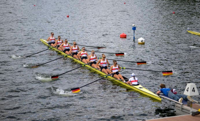 Team Deutschland, Start, JOHNSON Charlotte, RUETER Lanea Estelle, THIERMANN ESTATUET Daniela, IRMLER Julia, GRAUER Sara, UTESCH Nike Tomma, RIFFEL Florentina, KRUEGER Alina, MEHNER Emma Lauri, BW8x, U23 Women s Eight, am 23.07.2026 Rudern U-23 Weltmeisterschaft vom 23.07.- 26.07.2026 in Duisburg Deutschland. Regattabahn *** Team Germany, Start, Charlotte JOHNSON, Lanea Estelle RUETER, Daniela THIERMANN ESTATUET, Julia IRMLER, Sara GRAUER, Nike Tomma UTESCH, Florentina RIFFEL, Alina KRUEGER, Emma Lauri MEHNER, BW8x, U23 Women’s Eight, on July 23, 2026, at the U23 World Rowing Championships from July 23–26, 2026, at the Duisburg Rowing Course in Duisburg, Germany