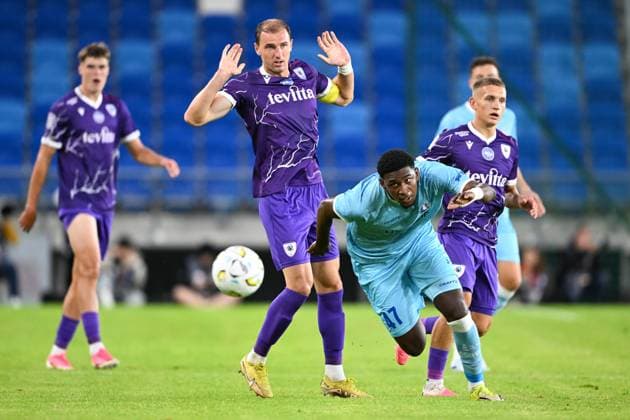 Cherkasy s Nazarii Muravskyi and Gent s Vergara pictured in action during a soccer game between Ukrainian FC LNZ Cherkasy and Belgian KAA Gent, Thursday 23 July 2026 in Plock, Poland, the first leg of the second qualifying round for the UEFA Conference League. JILLxDELSAUX  x181870832x