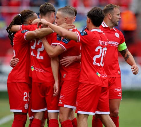 UEFA Europa Conference League Second Qualifying Round First Leg, Tolka Park, Dublin 23 7 2026 Shelbourne vs Nomme Kalju FC Shels™ Sean Moore celebrates scoring the second goal of the game with his teammates Sean Moore celebrates scoring the second goal with his teammates 23 7 2026  Copyright: xx RB1_3734