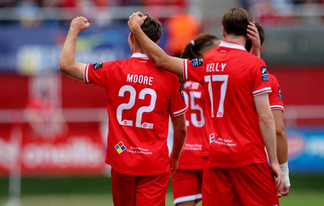 UEFA Europa Conference League Second Qualifying Round First Leg, Tolka Park, Dublin 23 7 2026 Shelbourne vs Nomme Kalju FC Shels™ Sean Moore celebrates scoring the second goal of the game with his teammates Sean Moore celebrates scoring the second goal with his teammates 23 7 2026  Copyright: xx RB1_3741