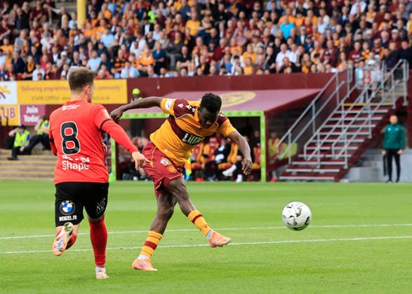 Motherwell v Havnar B—ltfelag UEFA Europa Conference League Ibrahim Said of Motherwell (right) shoots during the UEFA Europa Conference League Second Qualifying Round First Leg match at Fir Park, Motherwell 23 07 2026 UK Newspapers OUT Copyright: xFredxPalmerx FIL-23665-0076