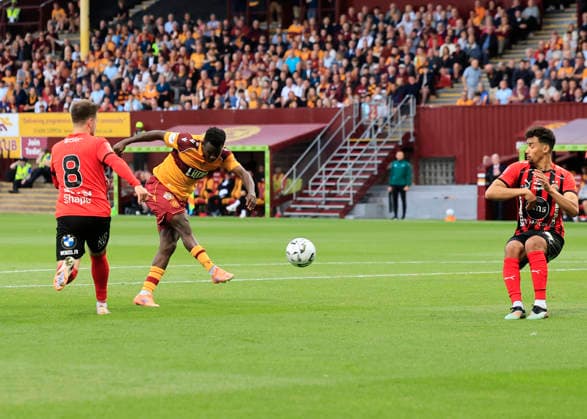 Motherwell v Havnar B—ltfelag UEFA Europa Conference League Ibrahim Said of Motherwell (middle) shoots during the UEFA Europa Conference League Second Qualifying Round First Leg match at Fir Park, Motherwell 23 07 2026 UK Newspapers OUT Copyright: xFredxPalmerx FIL-23665-0077