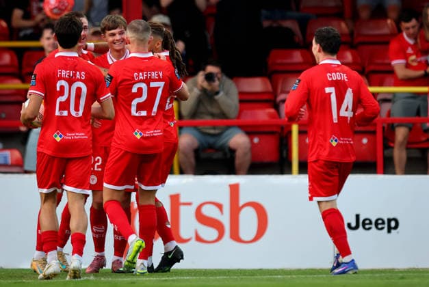 UEFA Europa Conference League Second Qualifying Round First Leg, Tolka Park, Dublin 23 7 2026 Shelbourne vs Nomme Kalju FC Shels™ Sean Moore celebrates scoring his side™s fourth goal of the game with his teammates Sean Moore celebrates scoring his side™s fourth goal with his teammates 23 7 2026  Copyright: xx RB1_4563