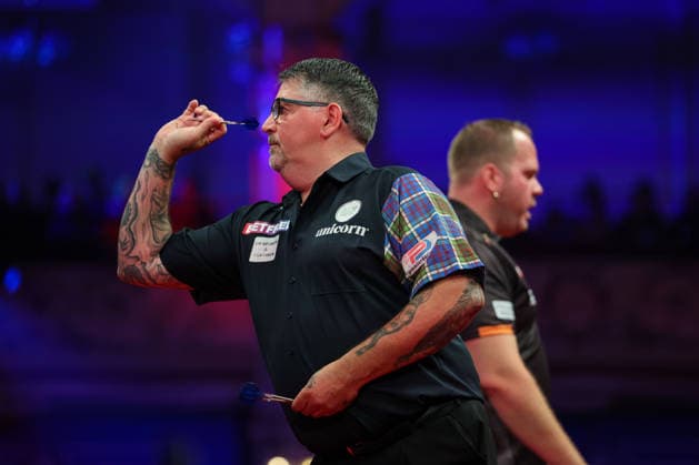 RECORD DATE NOT STATED 23rd July 2026, Winter Gardens, Blackpool, Lancashire, England; 2026 Betfred World Matchplay Darts, Day Six; Gary Anderson in action at the oche during his game against Dirk van Duijvenbode AidanxHunter