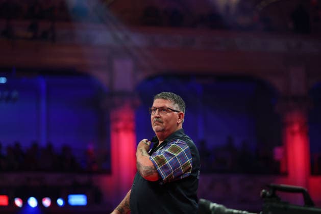 RECORD DATE NOT STATED 23rd July 2026, Winter Gardens, Blackpool, Lancashire, England; 2026 Betfred World Matchplay Darts, Day Six; Gary Anderson with a view of Winter Gardens behind him AidanxHunter
