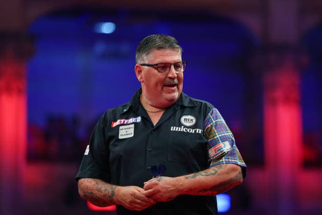 RECORD DATE NOT STATED 23rd July 2026, Winter Gardens, Blackpool, Lancashire, England; 2026 Betfred World Matchplay Darts, Day Six; Gary Anderson reacts after losing a leg AidanxHunter