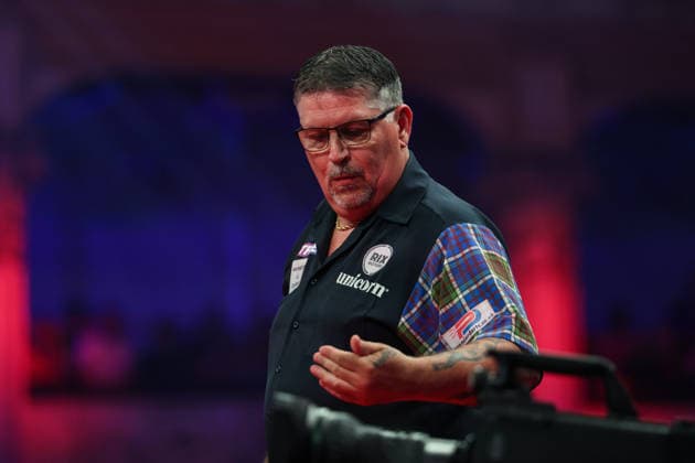 RECORD DATE NOT STATED 23rd July 2026, Winter Gardens, Blackpool, Lancashire, England; 2026 Betfred World Matchplay Darts, Day Six; Gary Anderson reacts during his game against Dirk van Duijvenbode AidanxHunter