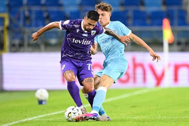 Cherkasy s Cara and Gent s Tibe De Vlieger pictured in action during a soccer game between Ukrainian FC LNZ Cherkasy and Belgian KAA Gent, Thursday 23 July 2026 in Plock, Poland, the first leg of the second qualifying round for the UEFA Conference League. JILLxDELSAUX  x181878744x