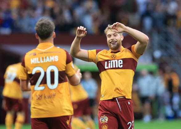 Motherwell v Havnar B—ltfelag UEFA Europa Conference League Ewan Wilson of Motherwell (right) celebrates his teams second goal with Dylan Williams of Motherwell during the UEFA Europa Conference League Second Qualifying Round First Leg match at Fir Park, Motherwell 23 07 2026 UK Newspapers OUT Copyright: xFredxPalmerx FIL-23665-0083