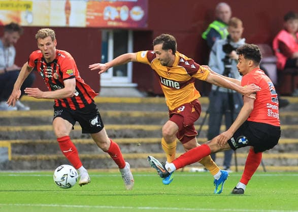 Motherwell v Havnar B—ltfelag UEFA Europa Conference League Lukas Fadinger of Motherwell (middle) is fouled by Noah Mneney of Havnar B—ltfelag (right) during the UEFA Europa Conference League Second Qualifying Round First Leg match at Fir Park, Motherwell 23 07 2026 UK Newspapers OUT Copyright: xFredxPalmerx FIL-23665-0090
