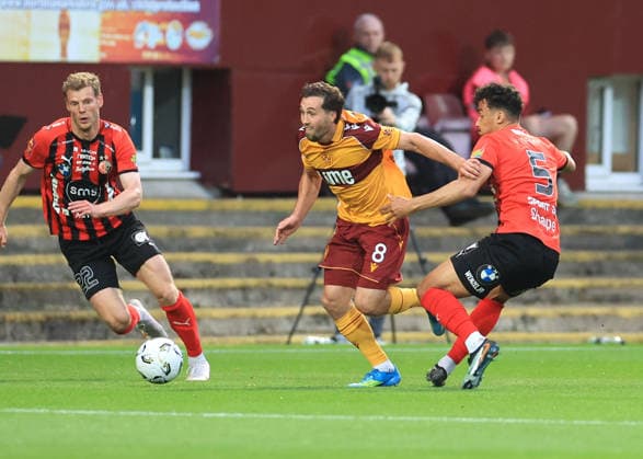 Motherwell v Havnar B—ltfelag UEFA Europa Conference League Lukas Fadinger of Motherwell (middle) is fouled by Noah Mneney of Havnar B—ltfelag (right) during the UEFA Europa Conference League Second Qualifying Round First Leg match at Fir Park, Motherwell 23 07 2026 UK Newspapers OUT Copyright: xFredxPalmerx FIL-23665-0092