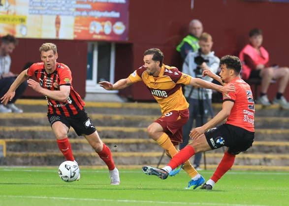 Motherwell v Havnar B—ltfelag UEFA Europa Conference League Lukas Fadinger of Motherwell (middle) is fouled by Noah Mneney of Havnar B—ltfelag (right) during the UEFA Europa Conference League Second Qualifying Round First Leg match at Fir Park, Motherwell 23 07 2026 UK Newspapers OUT Copyright: xFredxPalmerx FIL-23665-0093