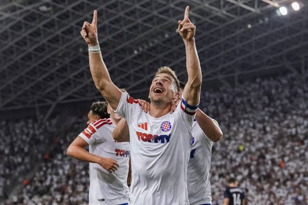 UEFA Europa League Qualifikation 2026 2027 - 2. Runde, 23.07.2027 - HNK Hajduk Split (Kroatien) vs. Pafos FC (Zypern) - Stadion Poljud (Split, Kroatien); Dario Melnjak (Hajduk Split) bejubelt sein 2-0 *** UEFA Europa League Qualifying Round 2, 2026–2027, July 23, 2027: HNK Hajduk Split (Croatia) vs. Pafos FC (Cyprus) at Poljud Stadium, Split, Croatia. Dario Melnjak of Hajduk Split celebrates his 2–0 goal. Copyright: xLUKAxKOLANOVICx