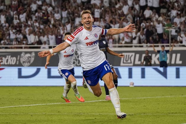 UEFA Europa League Qualifikation 2026 2027 - 2. Runde, 23.07.2027 - HNK Hajduk Split (Kroatien) vs. Pafos FC (Zypern) - Stadion Poljud (Split, Kroatien); Dario Melnjak (Hajduk Split) bejubelt sein 2-0 *** UEFA Europa League Qualifying Round 2, 2026–2027, July 23, 2027: HNK Hajduk Split (Croatia) vs. Pafos FC (Cyprus) at Poljud Stadium, Split, Croatia. Dario Melnjak of Hajduk Split celebrates his 2–0 goal. Copyright: xLUKAxKOLANOVICx