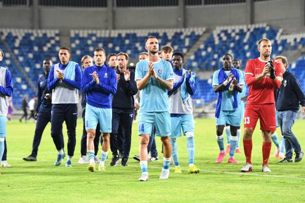 Gent s players greet the public after a soccer game between Ukrainian FC LNZ Cherkasy and Belgian KAA Gent, Thursday 23 July 2026 in Plock, Poland, the first leg of the second qualifying round for the UEFA Conference League. JILLxDELSAUX  x181881491x