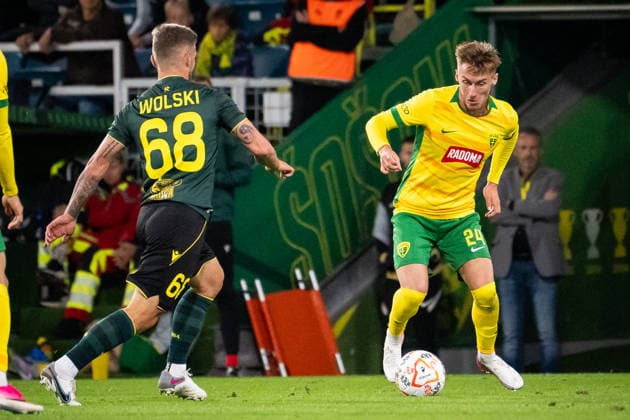 Bartosz Wolski and Samuel Datko seen during UEFA Conference League qualifying game between teams of MSK Zilina and GKS Katowice (Matej Sagan Ball Raw Images) Zilina MSK Zilina Stadium Slovakia Copyright: xMatejxSaganx DSC08354