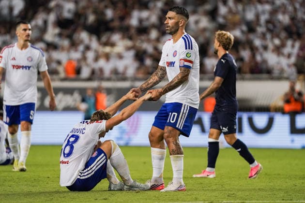 UEFA Europa League Qualifikation 2026 2027 - 2. Runde, 23.07.2027 - HNK Hajduk Split (Kroatien) vs. Pafos FC (Zypern) - Stadion Poljud (Split, Kroatien); Roko Brajkovic (Hajduk Split), Marko Livaja (Hajduk Split) *** UEFA Europa League Qualifying Round 2, 2026–2027, July 23, 2027: HNK Hajduk Split (Croatia) vs. Pafos FC (Cyprus) at Poljud Stadium, Split, Croatia; Roko Brajkovic (Hajduk Split), Marko Livaja (Hajduk Split) Copyright: xLUKAxKOLANOVICx