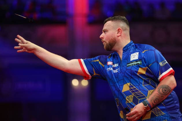 RECORD DATE NOT STATED 23rd July 2026, Winter Gardens, Blackpool, Lancashire, England; 2026 Betfred World Matchplay Darts, Day Six; Josh Rock in action at the oche during his game against Luke Littler AidanxHunter