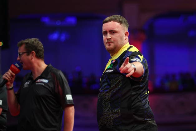 RECORD DATE NOT STATED 23rd July 2026, Winter Gardens, Blackpool, Lancashire, England; 2026 Betfred World Matchplay Darts, Day Six; Luke Littler celebrates after winning a leg against Josh Rock AidanxHunter
