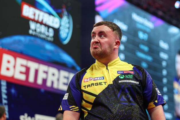 RECORD DATE NOT STATED 23rd July 2026, Winter Gardens, Blackpool, Lancashire, England; 2026 Betfred World Matchplay Darts, Day Six; Luke Littler reacts after winning his game against Josh Rock AidanxHunter