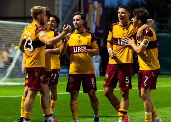 Motherwell v HB Torshavn, Europa Conference League, 2nd Qualifying Round Motherwell celebrate with the fans at full time during the Europa Conference League 2nd Qualifying Round, 1st Leg match between Motherwell and HB Torshavn at Fir Park, Motherwell, UK on 23 July 2026. Editorial use only , Copyright: xRaymondxDaviesx PSI-24571-0027