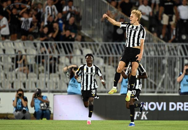 PARTIZAN vs UNA STRASSEN ERIK KOJZEK, football player of Partizan, celebrates scoring during the match against Una Strassen Luxemburg, at Stadium FK Partizan. Belgrade, 23.07.2026. Nebojsa Parausic MN Press photo FOOTBALL, UEFA CONFERENCE LEAGUE, PARTIZAN, UNA STRASSEN LUXEMBURG Belgrade Stadium FK Partizan Serbia Copyright: xNebojsaxParausicx xMNxPressx