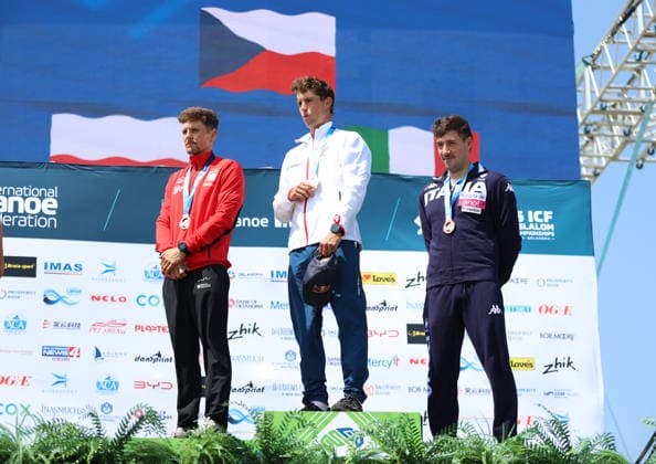 July 23, 2026, Oklahoma City, Oklahoma, USA: MICHAL PASIUT of Poland silver medalist, JAKUB KREJCI of Czech Republic gold medalist, GIOVANNI DE GENNARO of Italy bronze medalist of Men s Kayak on 2026 ICF Canoe Slalom World Championships, Oklahoma City, USA. ICF Canoe Slalom World Championships 2026 - Michal Pasiut, Jakub Krejci, Giovanni De Gennaro  - ZUMAc278 20260723_zsp_c278_030 Copyright: xMarcinxCholewinskix