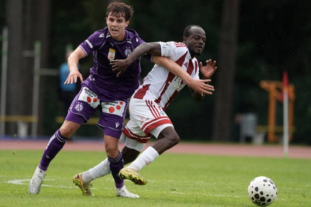 July 23, 2026, Riga, Latvia: Florian Wustinger of FK Austria Wien and Abiodun OGUNNIYI of FK Liepaja in action during the UEFA Europa Conference League qualifying round game between LatviaÃ¢â‚¬â ¢s FK Liepaja and Austria Wien in Sloka, Latvia 23.07.2026. Photo: Roman Koksarov Soccer 2026: Liepaja Vs Austria  - ZUMAk209 20260723_zsp_k209_024 Copyright: xRomansxKoksarovx