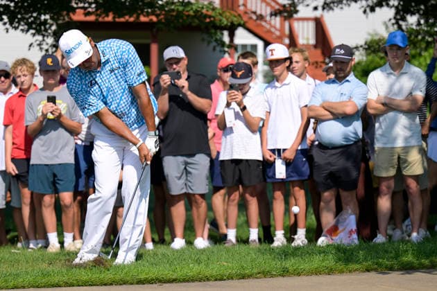 BLAINE, MN - JULY 24: Hideki Matsuyama shoots from the gallery on the 2nd hole during the first round of the 3M Open on July 24, 2026, at TPC Twin Cities in Blaine, MN. (Photo by Nick Wosika Icon Sportswire) GOLF: JUL 24 PGA, Golf Herren 3M Open EDITORIAL USE ONLY Icon202607243006